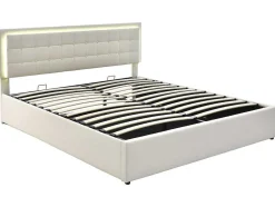 Opbergbed 180 X 200 Cm - Pu Leer - Led'S - Lattenbodem - Wit