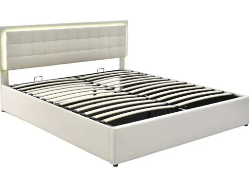 Opbergbed 180 X 200 Cm - Pu Leer - Led'S - Lattenbodem - Wit