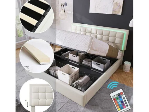 Opbergbed 180 X 200 Cm - Pu Leer - Led'S - Lattenbodem - Wit
