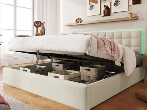 Opbergbed 180 X 200 Cm - Pu Leer - Led'S - Lattenbodem - Wit