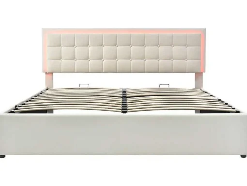 Opbergbed 180 X 200 Cm - Pu Leer - Led'S - Lattenbodem - Wit