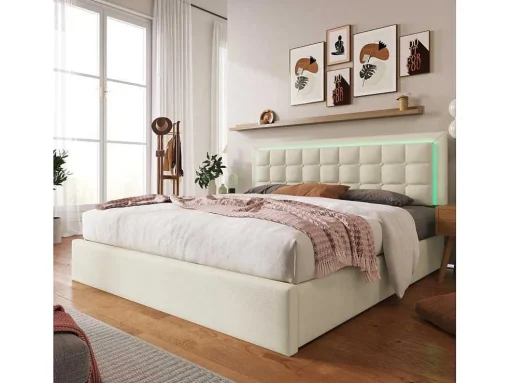Opbergbed 180 X 200 Cm - Pu Leer - Led'S - Lattenbodem - Wit