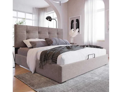 Opbergbed 140X200Cm - Stof Fluweel - Met Verstelbaar Hoofdeinde + Lattenbodem - Grijs