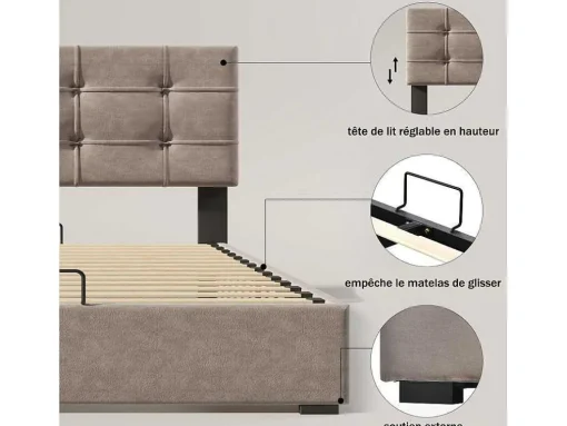Opbergbed 140X200Cm - Stof Fluweel - Met Verstelbaar Hoofdeinde + Lattenbodem - Grijs