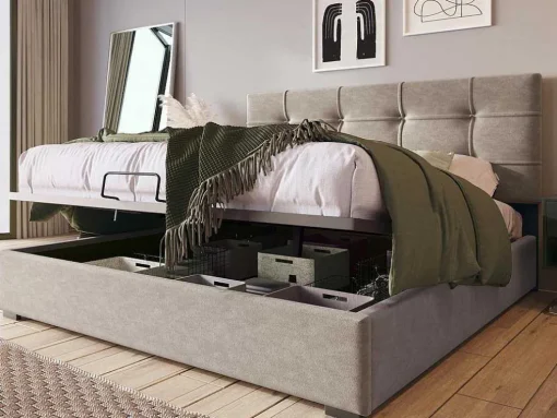 Opbergbed 140X200Cm - Stof Fluweel - Met Verstelbaar Hoofdeinde + Lattenbodem - Grijs