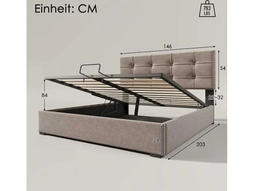 Opbergbed 140X200Cm - Stof Fluweel - Met Verstelbaar Hoofdeinde + Lattenbodem - Grijs