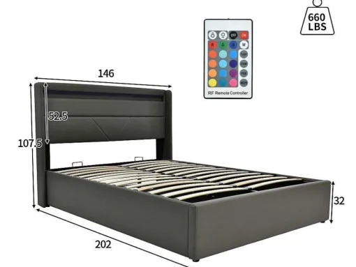 Opbergbed 140X200Cm In Kunstleer Met Led + Lattenbodem - Grijs