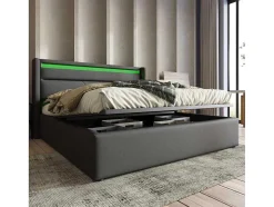Opbergbed 140X200Cm In Kunstleer Met Led + Lattenbodem - Grijs