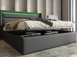 Opbergbed 140X200Cm In Kunstleer Met Led + Lattenbodem - Grijs
