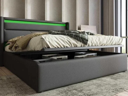 Opbergbed 140X200Cm In Kunstleer Met Led + Lattenbodem - Grijs