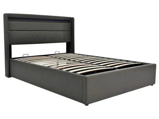 Opbergbed 140X200Cm In Kunstleer Met Led + Lattenbodem - Grijs