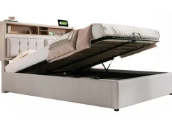 Opbergbed 160X200Cm In Linnenstof Met Usb-Poort - Verstelbaar Hoofdeinde En Lattenbodem - Beige