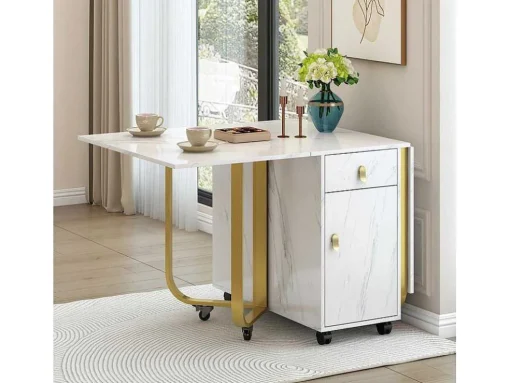 Opklapbare Eettafel Op Wielen - Met Opbergruimte - Wit & Goud