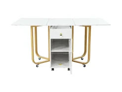 Opklapbare Eettafel Op Wielen - Met Opbergruimte - Wit & Goud