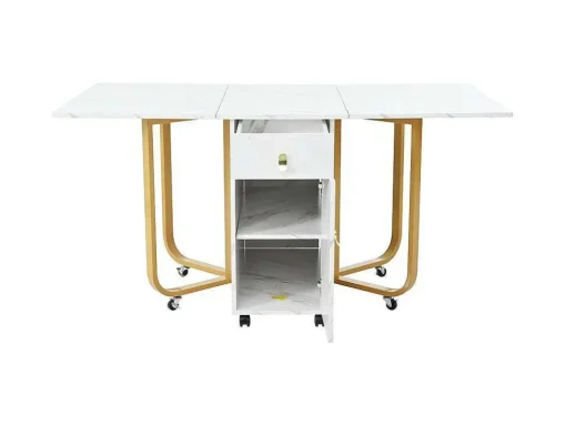 Opklapbare Eettafel Op Wielen - Met Opbergruimte - Wit & Goud