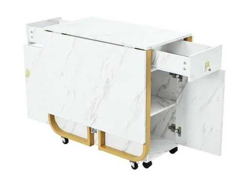 Opklapbare Eettafel Op Wielen - Met Opbergruimte - Wit & Goud