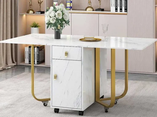 Opklapbare Eettafel Op Wielen - Met Opbergruimte - Wit & Goud