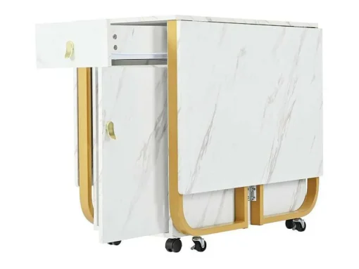 Opklapbare Eettafel Op Wielen - Met Opbergruimte - Wit & Goud