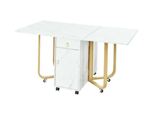 Opklapbare Eettafel Op Wielen - Met Opbergruimte - Wit & Goud