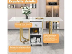Opklapbare Eettafel Op Wielen - Met Opbergruimte - Wit & Goud