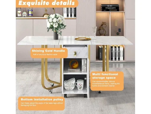Opklapbare Eettafel Op Wielen - Met Opbergruimte - Wit & Goud