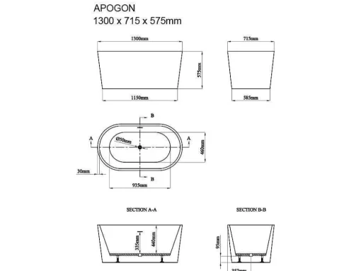 Ovalen Losstaand Bad - 180 L - 130 X 71 X 58 Cm - Wit - Acryl - Apogon
