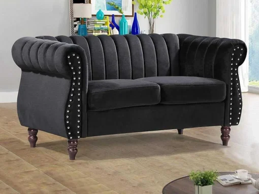 2-Persoons Zwarte Fluwelen Chesterfield Zitbank Trumbo