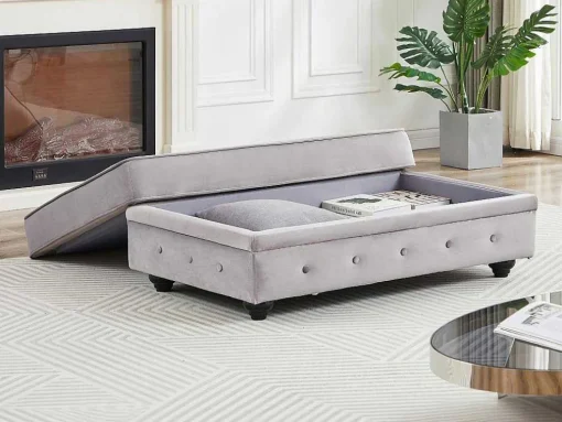 Poef Met Opbergruimte Van Lichtgrijs Velours Chesterfield