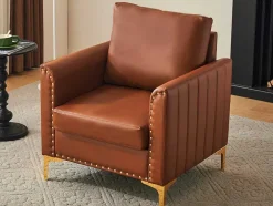 Pu Lederen Fauteuil Met Kussen - Metalen Poten - Bruin