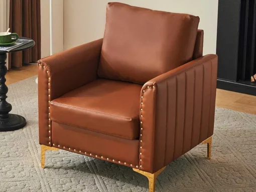 Pu Lederen Fauteuil Met Kussen - Metalen Poten - Bruin