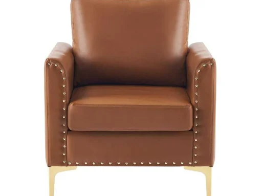 Pu Lederen Fauteuil Met Kussen - Metalen Poten - Bruin