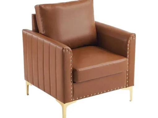 Pu Lederen Fauteuil Met Kussen - Metalen Poten - Bruin