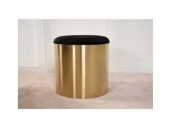 Puff Poef, Hocker O45Cm Velours Zwart, Messing.