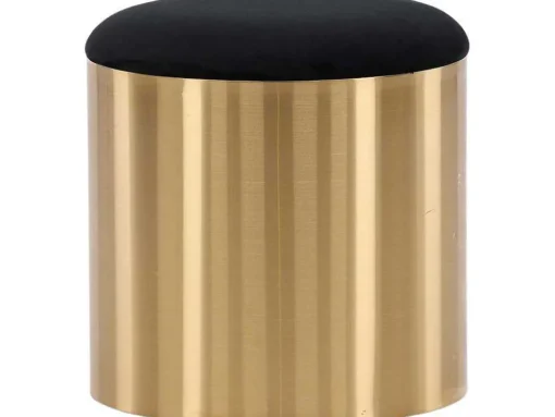 Puff Poef, Hocker O45Cm Velours Zwart, Messing.