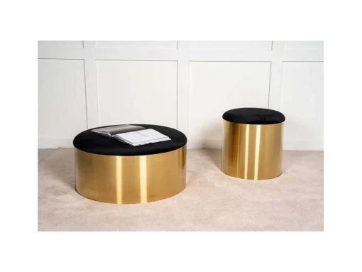 Puff Poef, Hocker O45Cm Velours Zwart, Messing.