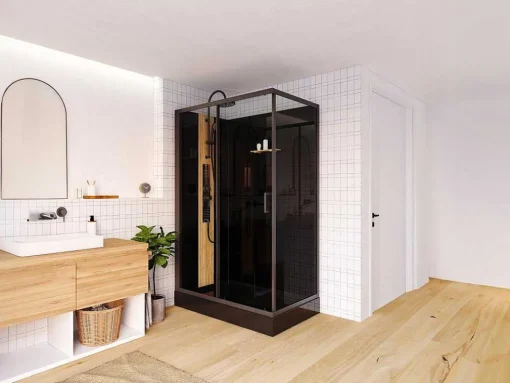 Rechthoekige Hydromassage Douchecabine Met Bamboe - Omkeerbare Installatie - Mat Zwart - L120 X B80 X H225 Cm - Vituna