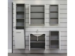 Riva Badkamerkast Wandophanging, 1 Deur, 1 Klepdeur, Wit Hoogglans, Grijs.