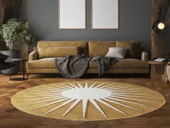 Rond Tapijt Zon Met Relief - D200 Cm - Mosterdgeel En Wit - Luminio