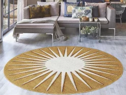 Rond Tapijt Zon Met Relief - D200 Cm - Mosterdgeel En Wit - Luminio