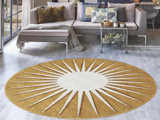 Rond Tapijt Zon Met Relief - D200 Cm - Mosterdgeel En Wit - Luminio