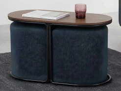 Salontafel + 2 Poefs Van Stof - Naturel En Blauw - Adar