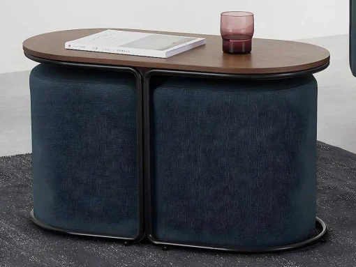 Salontafel + 2 Poefs Van Stof - Naturel En Blauw - Adar