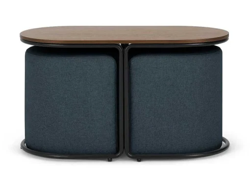 Salontafel + 2 Poefs Van Stof - Naturel En Blauw - Adar