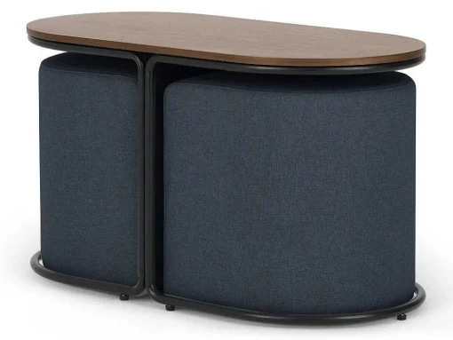 Salontafel + 2 Poefs Van Stof - Naturel En Blauw - Adar