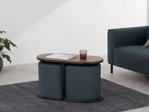 Salontafel + 2 Poefs Van Stof - Naturel En Blauw - Adar