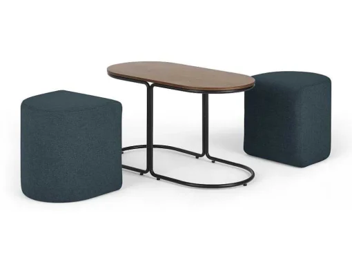 Salontafel + 2 Poefs Van Stof - Naturel En Blauw - Adar
