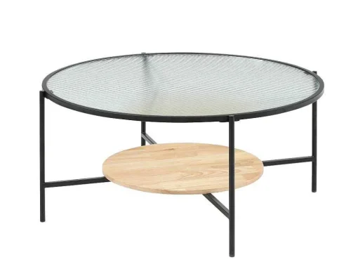 Salontafel Met 1 Plank - Glas, Heveahout En Metaal - Naturel En Zwart - Munita