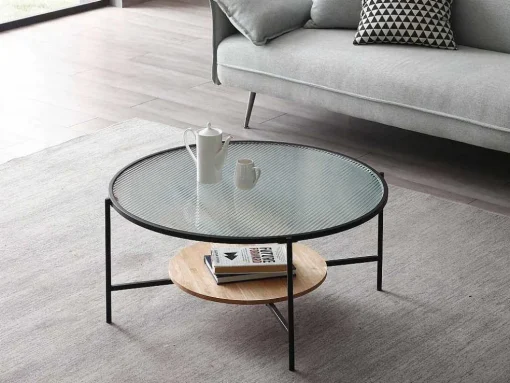Salontafel Met 1 Plank - Glas, Heveahout En Metaal - Naturel En Zwart - Munita