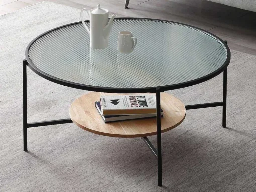 Salontafel Met 1 Plank - Glas, Heveahout En Metaal - Naturel En Zwart - Munita