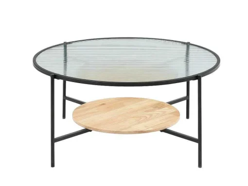 Salontafel Met 1 Plank - Glas, Heveahout En Metaal - Naturel En Zwart - Munita
